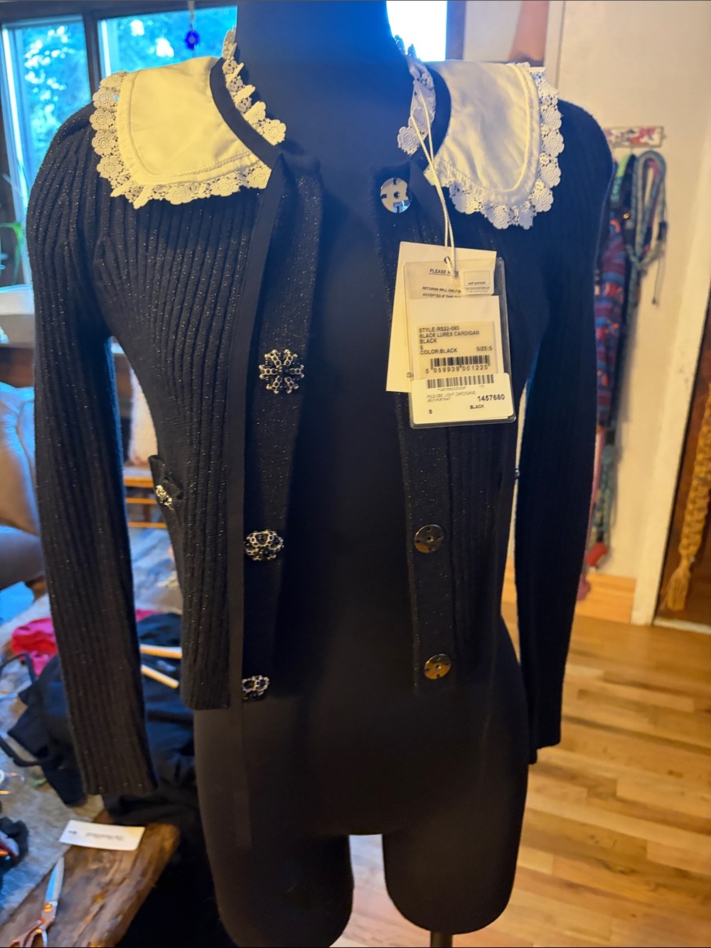 NWT Self-Portrait Black Ribbed Knit Cardigan Dress with White Lace Collar